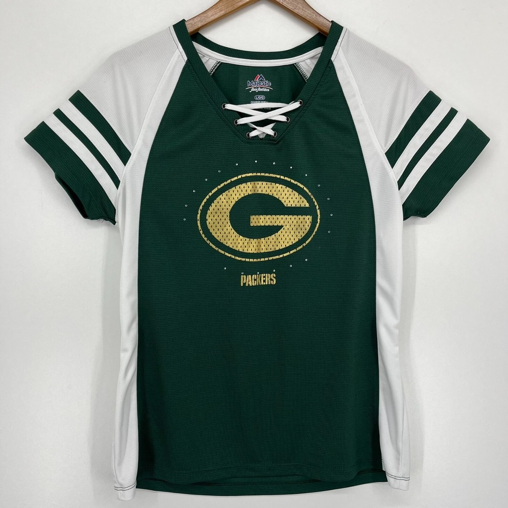 Majestic Green Bay Packers Women Lace Up Rhinestone Logo Jersey Shirt Green L